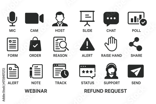 Webinar and refund request icons set for online interaction