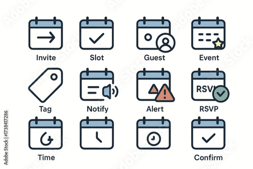 Invite event rsvp icons: calendar slots, notifications, alerts, guest management