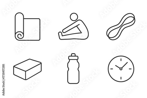 Yoga and fitness essentials: mat, stretching, resistance band, block, water bottle, clock icons