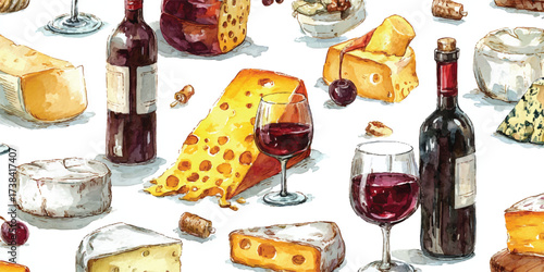 Watercolor painting of cheese and red wine assortment seamless pattern delicious gourmet food and drink illustration