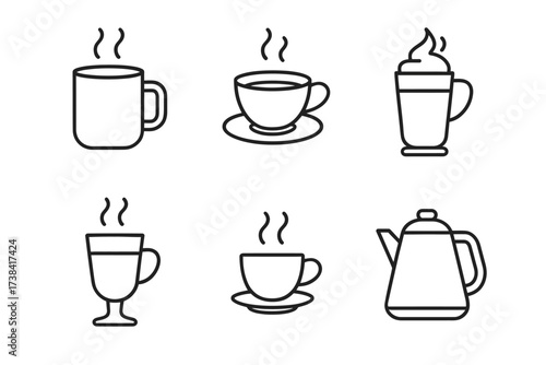 Set of coffee and tea icon designs featuring cups, mugs, and teapots