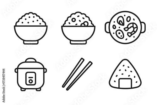 Outline icons of rice bowls, cooker, chopsticks, and onigiri