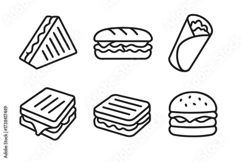 Variety of sandwich line art illustrations including wrap and burger