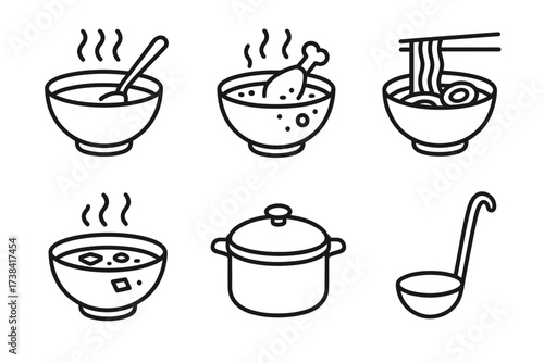Assorted soup icons: bowls, ramen, chicken, steam, pot, ladle