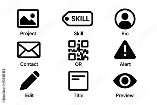 Modern digital icons: skill, contact, alert, qr, preview