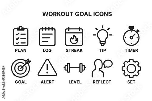 Workout goal icons: fitness planning, tracking, motivation, achievement symbols