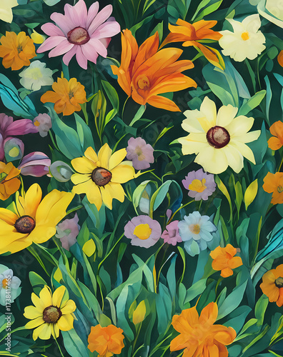 Colorful floral illustration with blooming flowers and green leaves for backgrounds