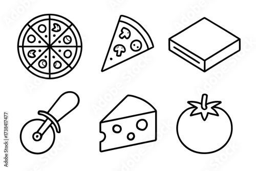 Outline icons of pizza, slice, box, cutter, cheese, and tomato