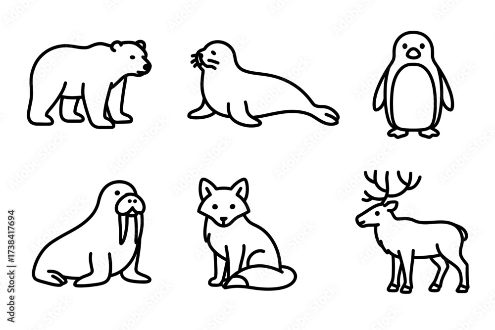 Obraz premium Outline illustrations of arctic animals including bear, seal, penguin, walrus, fox, and deer