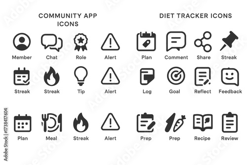 Community and diet tracker icon set featuring alerts, plans, and feedback tools