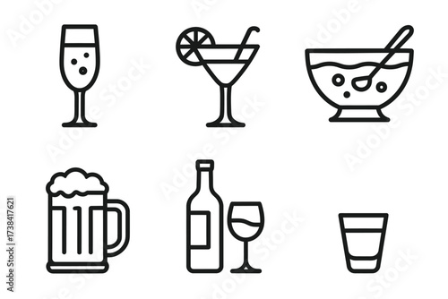 Set of black line icons of various alcoholic drinks with glasses and bottles