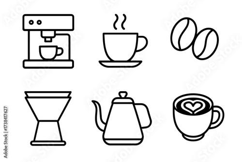 Minimalist coffee icons set with machine, beans, and cups