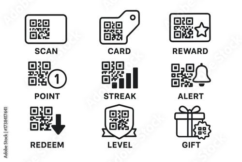 Qr code icons for rewards, scans, alerts, and gifts in digital loyalty programs