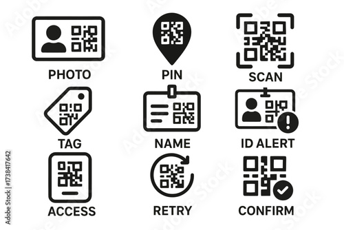 Qr code icons for access and identification: photo, pin, scan, tag, name, id alert, confirm, retry