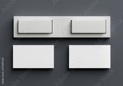 Clean overhead shot of a business card mockup, with two rectangular boxes above two cards