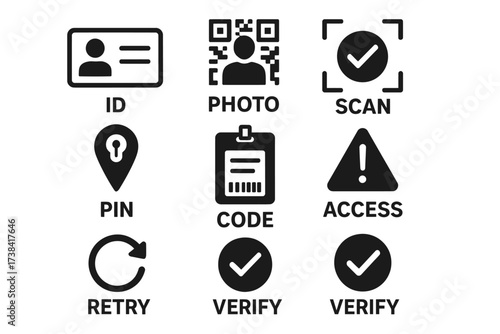 Identification and security icons: id, qr code, scan, pin, verify