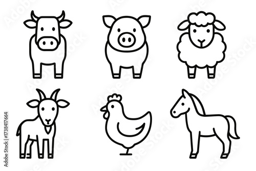 Black and white farm animal icons: cow, pig, sheep, goat, chicken, horse