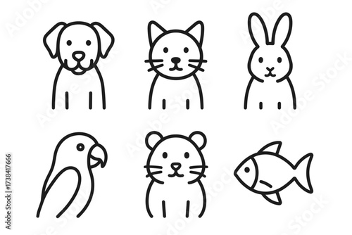 Outline icons of cute animals: dog, cat, rabbit, parrot, bear, fish
