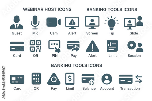 Webinar host and banking tools icons for digital presentations and financial management