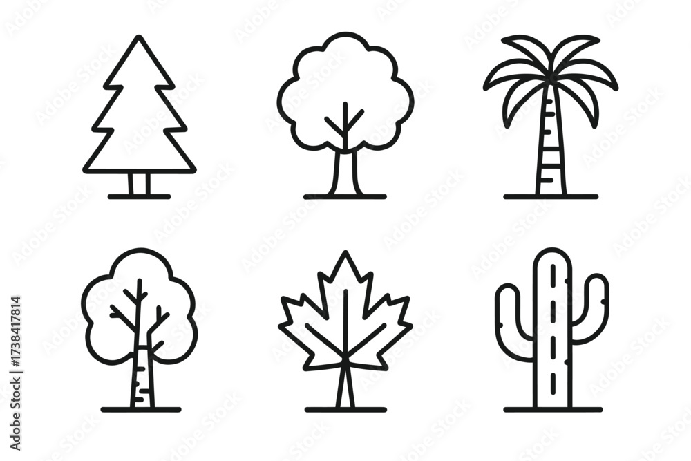 Fototapeta premium Icon set of various tree types: pine, oak, palm, birch, maple, cactus