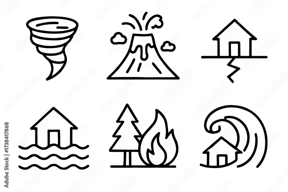 Fototapeta premium Natural disaster icons: tornado, volcano, earthquake, flood, wildfire, tsunami