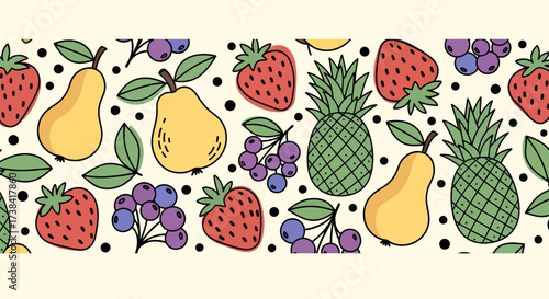 A vibrant and colorful seamless pattern featuring a variety of fresh fruits including strawberries, pears, blueberries, and pineapples, set against a light, dotted background.