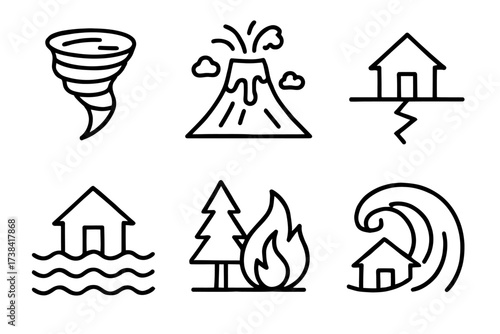 Natural disaster icons: tornado, volcano, earthquake, flood, wildfire, tsunami