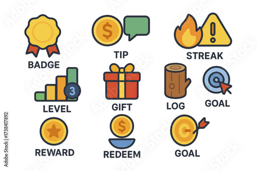 Colorful achievement icons: badge, tip, streak, level, gift, log, goal, reward, redeem