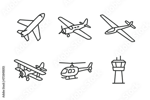 Collection of aircraft line icons featuring planes, helicopter, and control tower