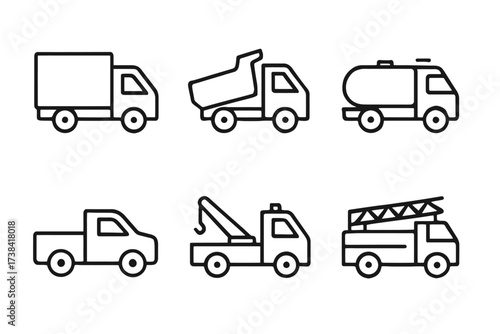 Outline icons of various utility trucks including dump truck and tow truck