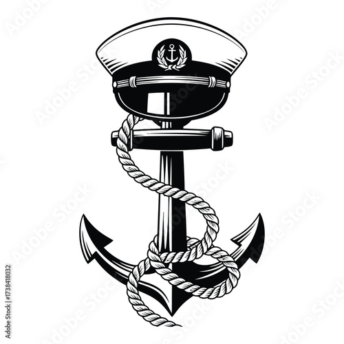Vector art of vintage nautical anchor with captain hat design