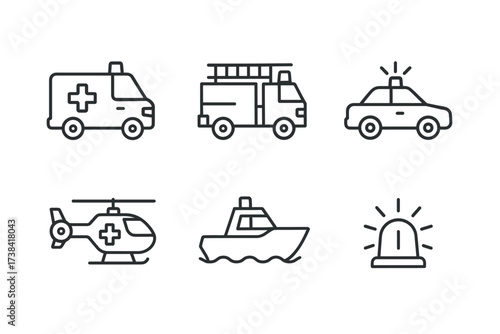 Emergency vehicle icons: ambulance, fire truck, police car, helicopter, boat, siren