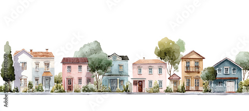Watercolor row of suburban houses illustration featuring multiple colorful homes and lush greenery a charming neighborhood scene