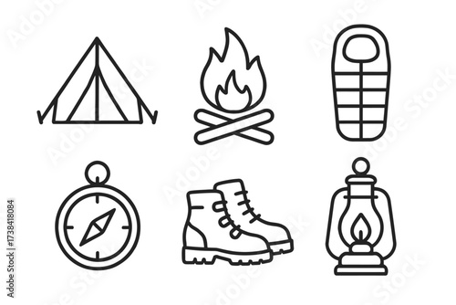 Camping icons: tent, fire, sleeping bag, compass, boots, lantern
