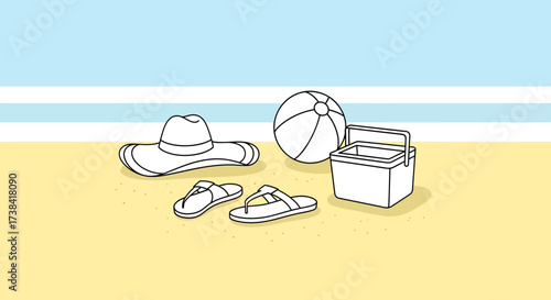Illustration of beach accessories including a hat, ball, cooler, and flip-flops on sand.