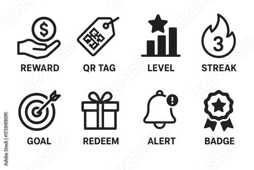Set of reward and notification icons including qr tag, level, goal, and alert symbols