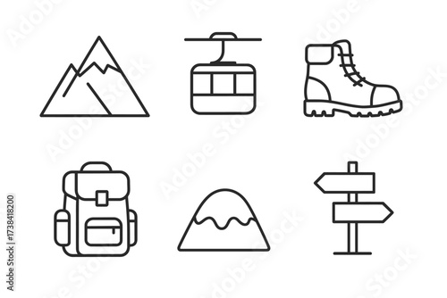 Outdoor adventure icons: mountain, cable car, hiking boot, backpack, snowy peak, signpost