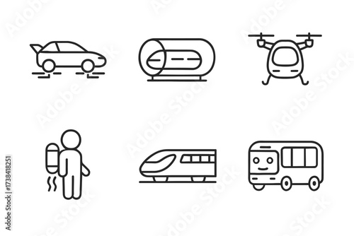 Futuristic transportation icons set: car, pod, drone, jetpack, train, bus