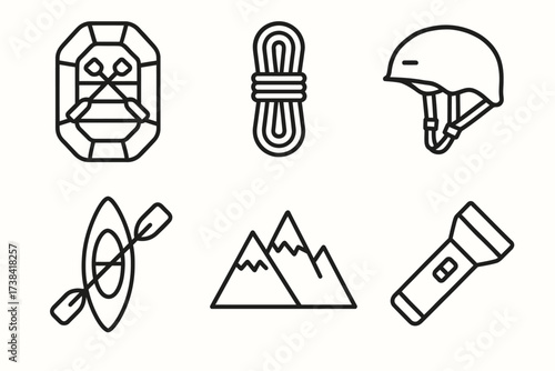 Outdoor adventure icons: raft, rope, helmet, kayak, mountains, flashlight line art