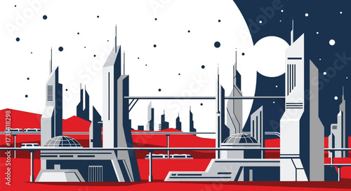 Vector art of futuristic city on another planet with red ground