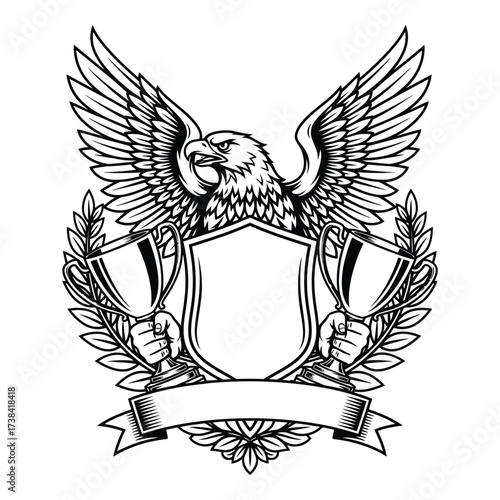 Vector art of vintage eagle crest emblem with shield and laurel wreath