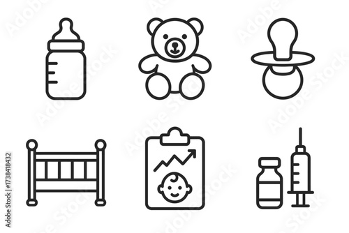 Baby essentials icons set featuring bottle, teddy bear, pacifier, crib, growth chart, and vaccine