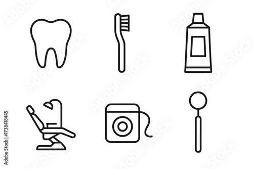 Dental care icons: tooth, toothbrush, toothpaste, chair, floss, mirror