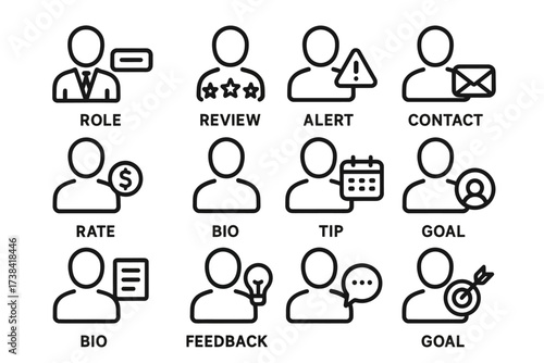 User interface icons: roles, alerts, feedback, goals, and tips