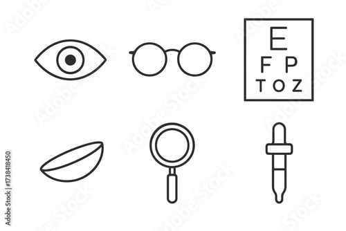 Optometry symbols: eye, glasses, eye chart, contact lens, magnifier, dropper