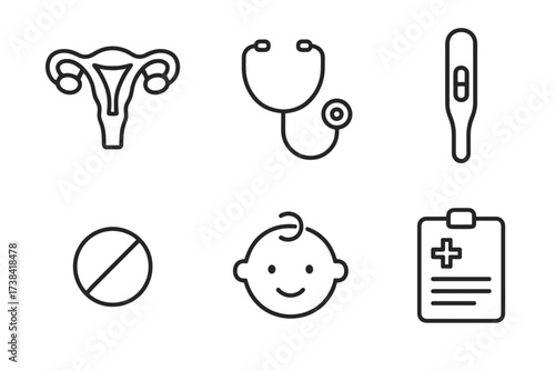 Healthcare icons: uterus, stethoscope, thermometer, pill, baby face, medical chart symbols