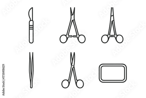 Outline icons of surgical instruments: scalpel, scissors, tweezers, tray
