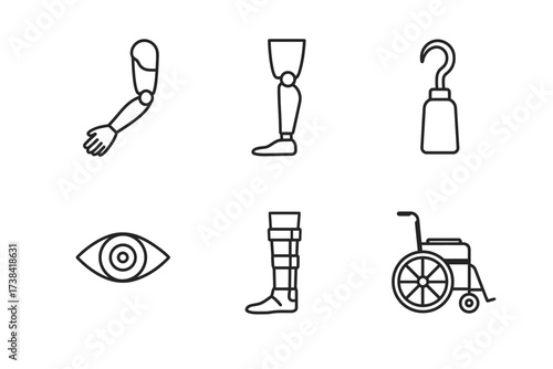 Outlined symbols of prosthetics and accessibility aids including arm, leg, and wheelchair designs