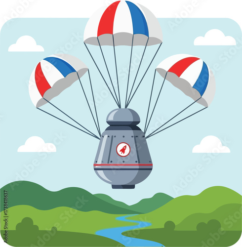 Vector art of capsule descends with parachutes over green landscape