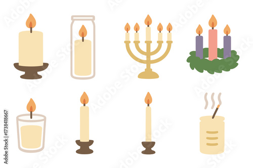 Variety of candle designs and types including menorah and advent wreath